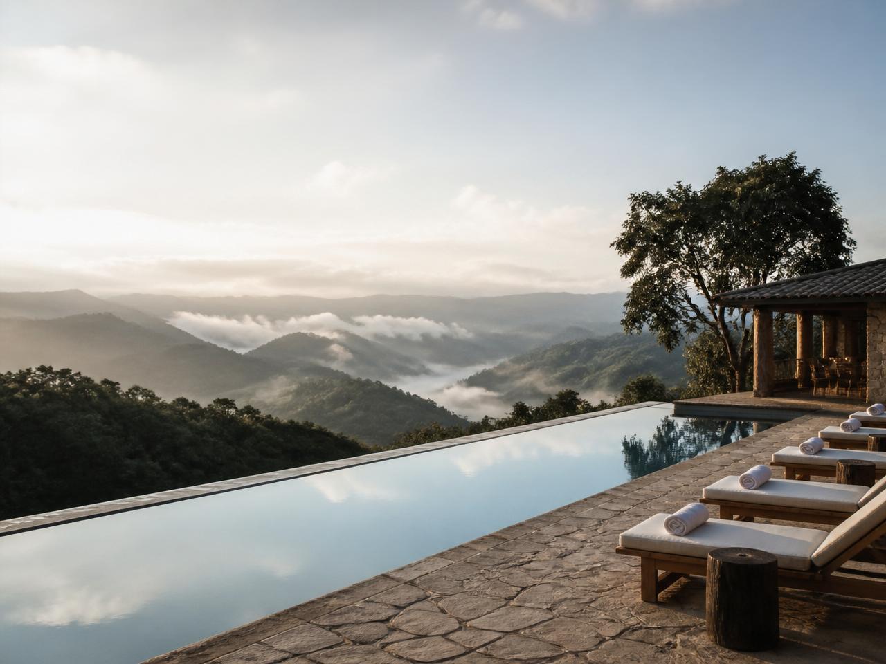 Piscina de borda infinita com vista para o vale enevoado da Serra da Mantiqueira