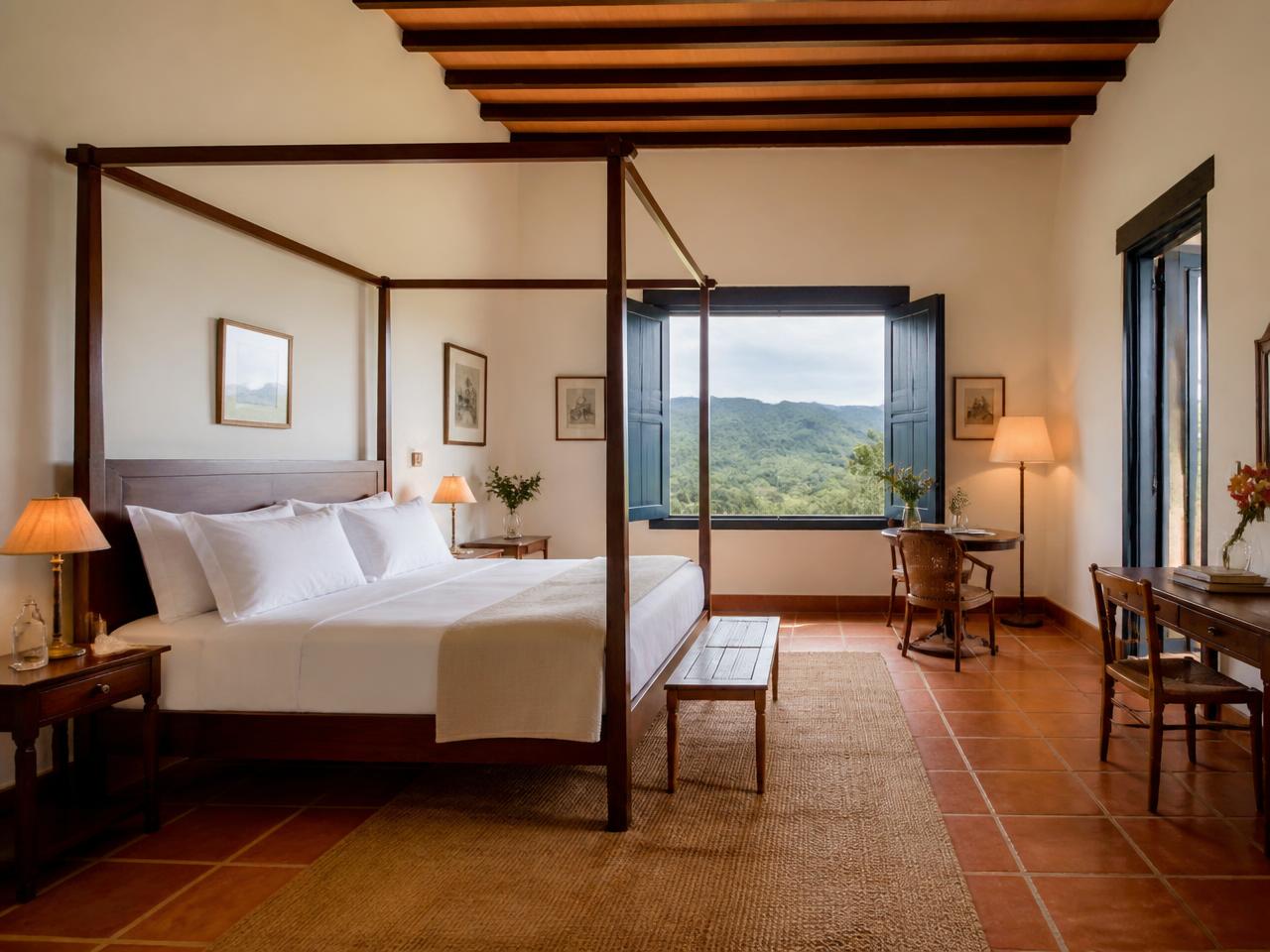 Suíte Master com cama de dossel e vista para as montanhas